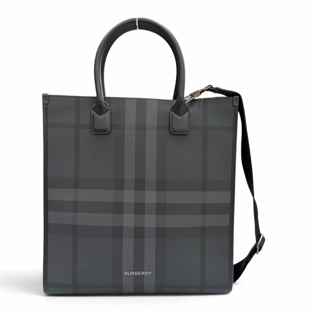 BURBERRY 8062951 Coated Canvas Leather Check Denny Vertical 2-Way Tote Bag, B...